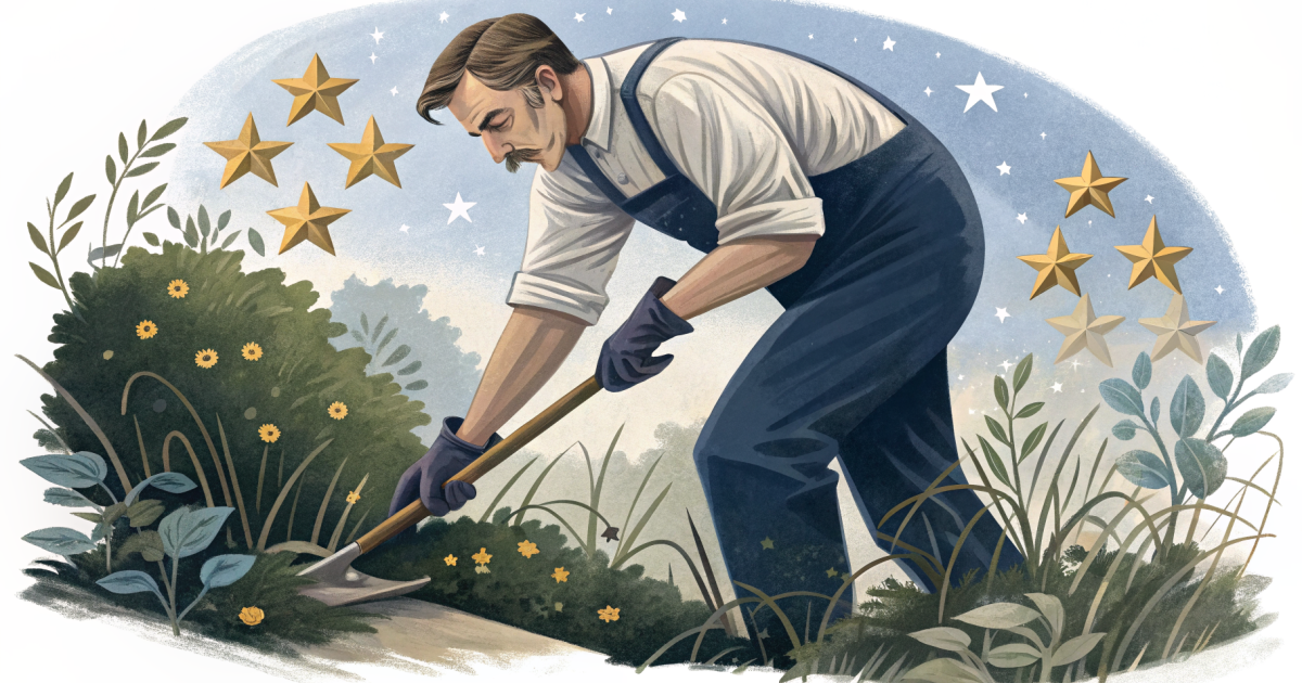 A landscaper trimming hedges, illustrating whether online reviews actually bring in more revenue.